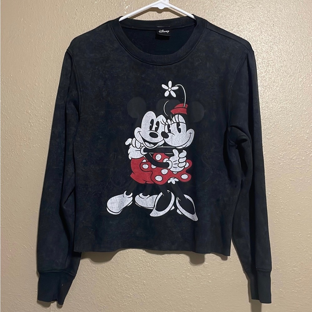 Disney Mickey Minnie Mouse Graphic Black Crewneck Pullover Cropped Sweatshirt S